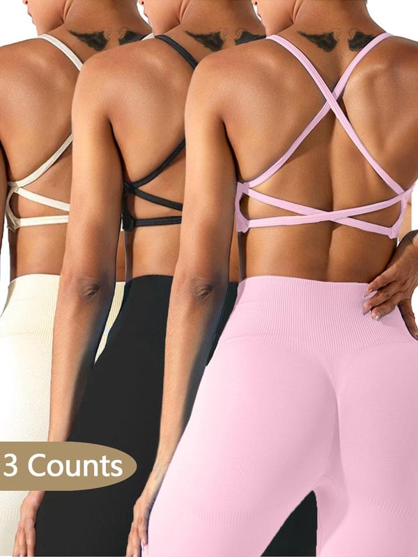 Women's Solid Criss Cross Backless Sports Bra, Breathable Comfortable Wireless Sports Bra, Ladies Sportswear for Yoga Gym Workout Running Cycling