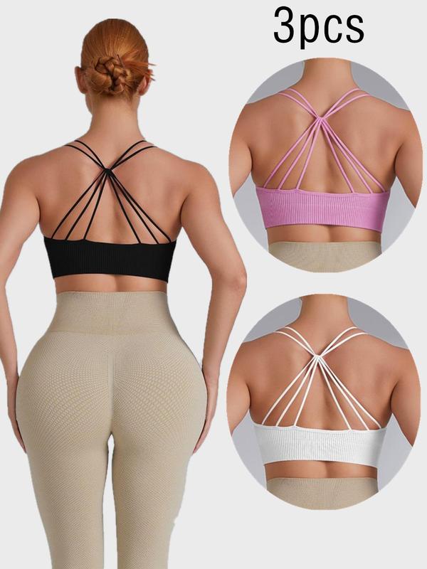 Women's Solid Criss Cross Strappy Sports Bra, Breathable Comfortable Ribbed Sports Bralette for Yoga Gym Workout, Ladies Sportswear for All Seasons