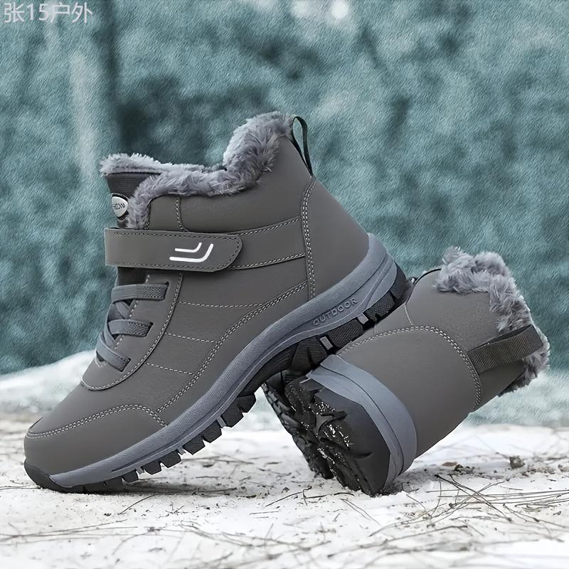 Men's Snow Boots With Hook And Loop Fastener, Winter Thermal Shoes, Windproof Hiking Boots With Fuzzy Lining