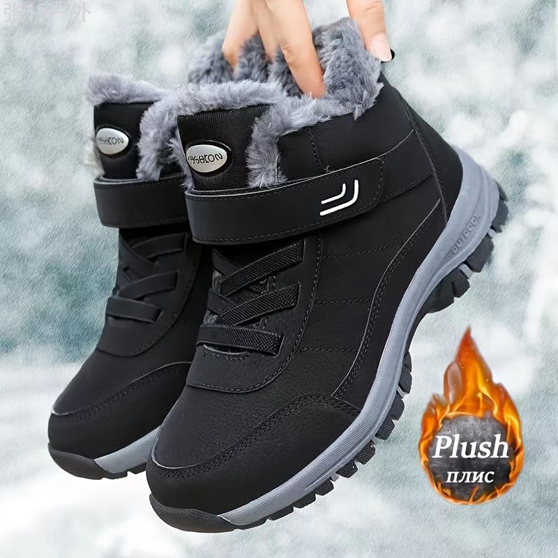 Men's Snow Boots With Hook And Loop Fastener, Winter Thermal Shoes, Windproof Hiking Boots With Fuzzy Lining