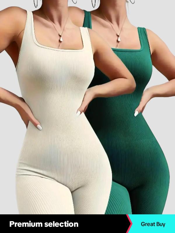 Women's Solid Backless Sports Tank Jumpsuit, Sporty Square Neck Sleeveless Jumpsuit, Ladies Sportswear for All Seasons Yoga Gym Workout Running, Tummy Control