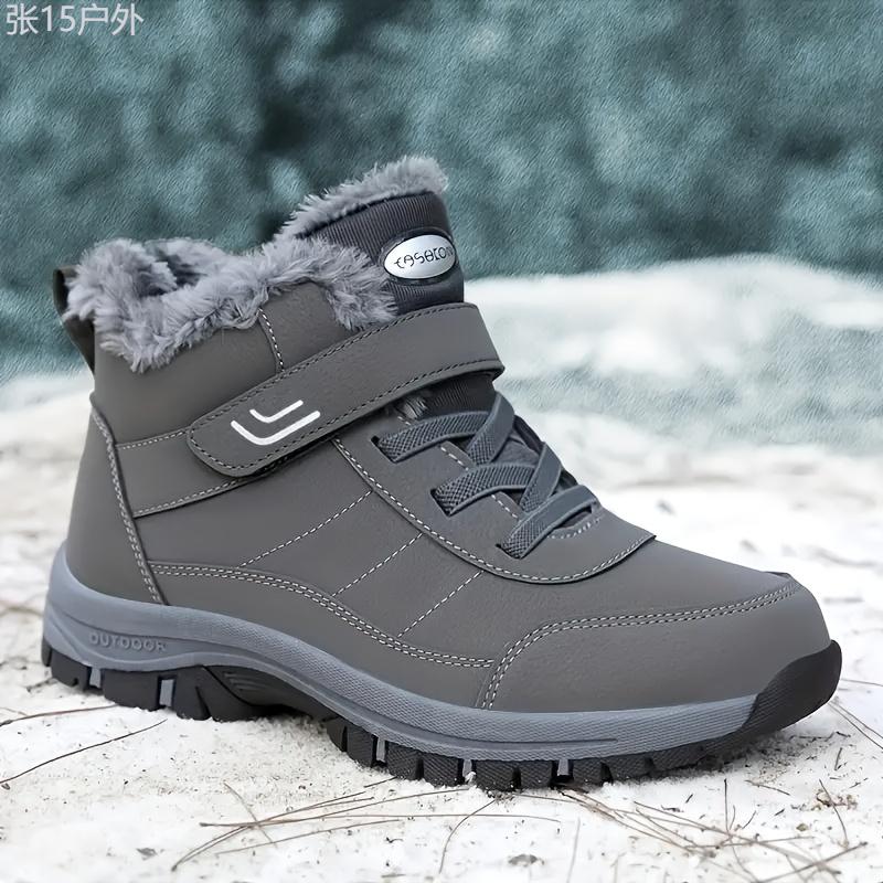 Men's Snow Boots With Hook And Loop Fastener, Winter Thermal Shoes, Windproof Hiking Boots With Fuzzy Lining