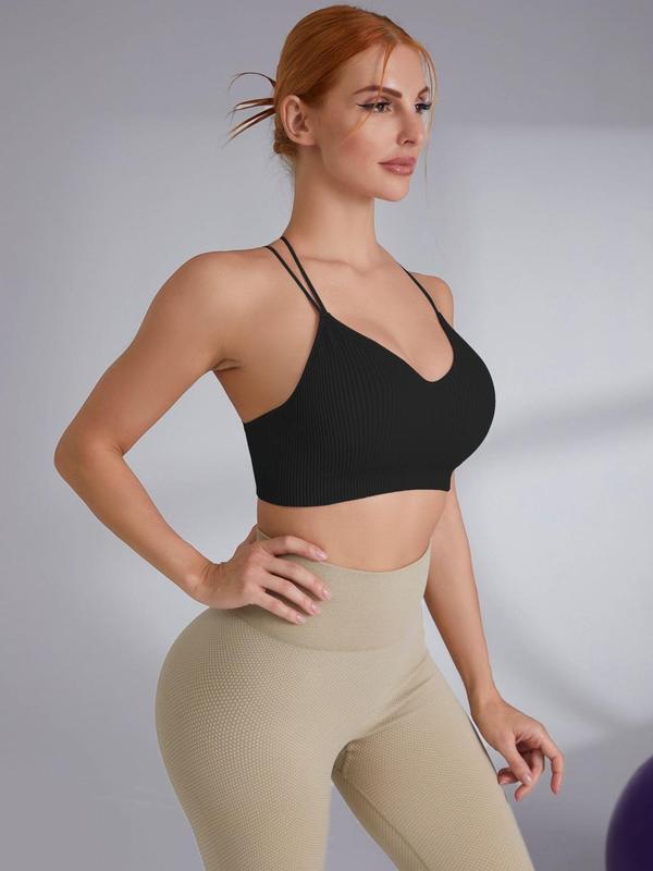 Women's Solid Criss Cross Strappy Sports Bra, Breathable Comfortable Ribbed Sports Bralette for Yoga Gym Workout, Ladies Sportswear for All Seasons