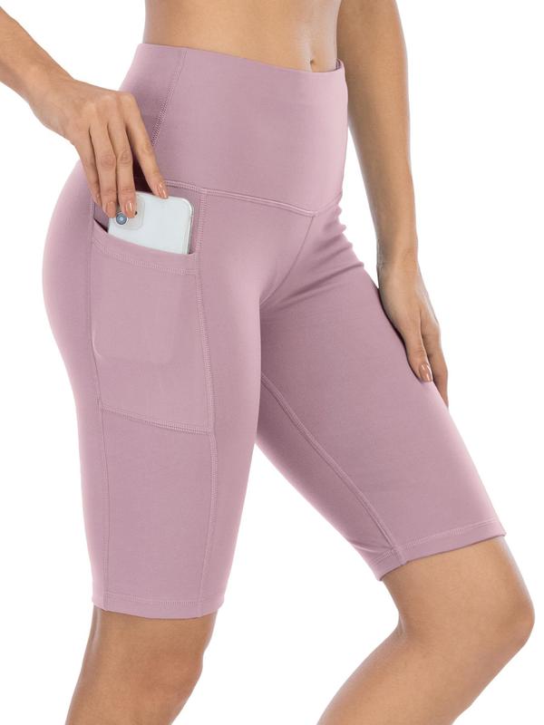 Women's Back To School High Waist Pocket Sports Shorts, Solid Cycling Shorts with Phone Pockets, Gym Shorts, High Stretch Skinny Biker Shorts, Gym Clothes, Quick Drying Yoga Workout Leggings, Fitness Sportswear Bottoms, Gym Clothing