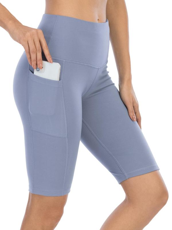 Women's Back To School High Waist Pocket Sports Shorts, Solid Cycling Shorts with Phone Pockets, Gym Shorts, High Stretch Skinny Biker Shorts, Gym Clothes, Quick Drying Yoga Workout Leggings, Fitness Sportswear Bottoms, Gym Clothing