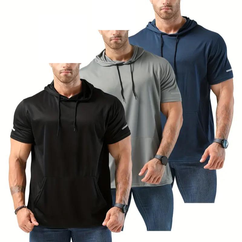 ZengVee 3 6 Pcs Men's Sweatshirt quick drying Moisture Wicking Short Sleeve Mesh Athletic Hooded T-Shirt,Simple Versatile Casual Sports suitness Tops