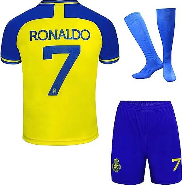 New  Soccer Jersey # 7 Ronaldo yellow Fan Jersey Top+Shorts+Socks Set