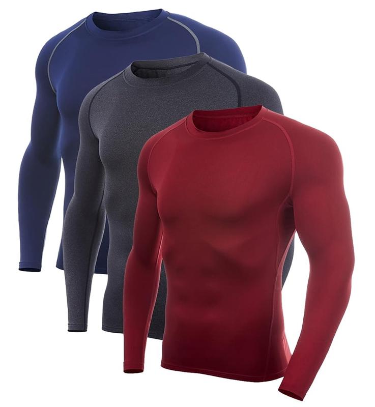 Men's 2~3 pcs SILKWORLD  Long-Sleeve Compression Shirts ,Solid Round Neck Raglan Sleeve Sports Tee  Quick Drying Breathable Tight Fit Sports T-Shirt, Men's Sportswear Clothing for Gym Running Football, Mens Sports Clothes men long  workoutclothes