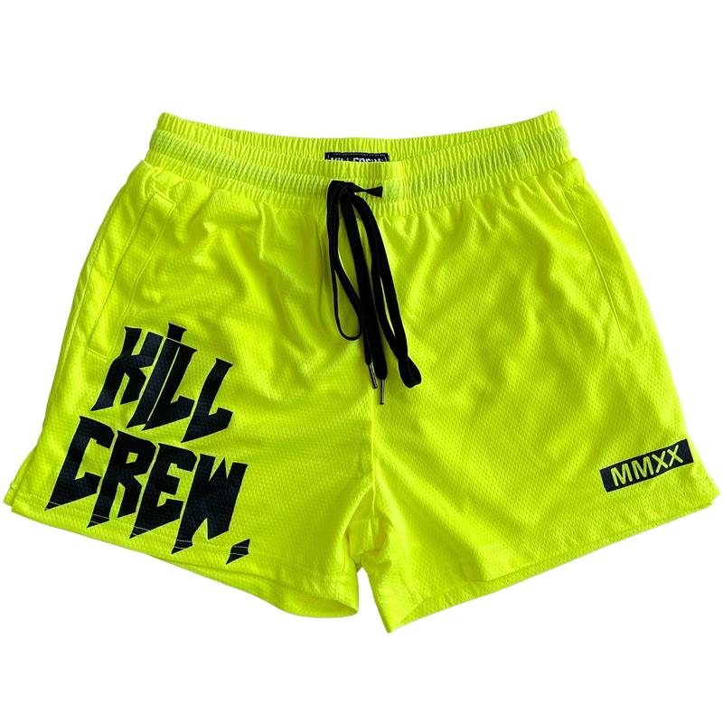 [Kill Crew] Muay Thai Shorts Logo - Yellow, Unisex, Mid Thigh Cut, Pockets, Gym Shorts, Elastic Waistband, Long drawcord with wax tips