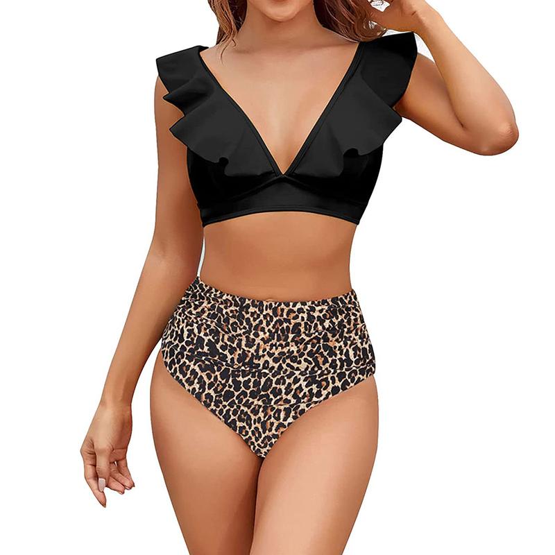 Women Ruffle High Waist Swimsuit Two Pieces Push Up Tropical Print Bikini