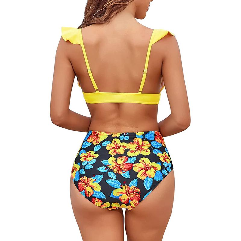 Women Ruffle High Waist Swimsuit Two Pieces Push Up Tropical Print Bikini