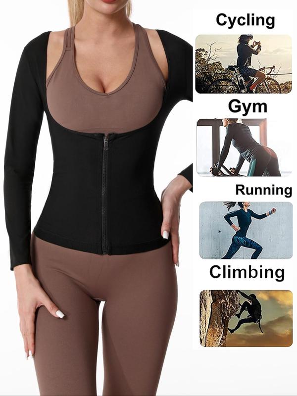 Women's Zip Up Sweat Sauna Top, Long Sleeve Zip Front Workout Top, Sportswear Clothing for Indoor Outdoor Wear