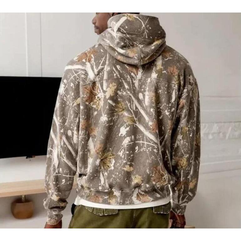 2024 Unisex Oversized Camo Fleece Hoodie Long Sleeve Drop Shoulder Hooded Sweatshirt Pullover With Pocket,Printed MapleLeaf Fashion Clothing Menswear