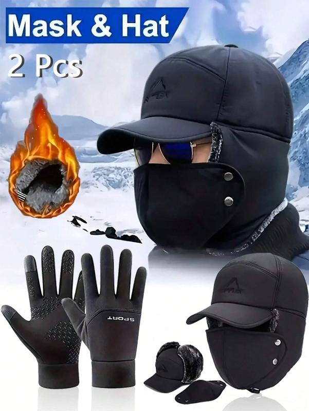 2 Pcs Men's Winter Thick Warm Riding Hat and Full Finger Gloves Set for Outdoor Skiing and Cycling