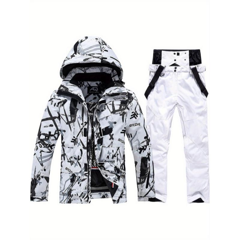 Mens Winter Ski Jacket and Pants Set Trendy Printed Windproof Waterproof Coldproof Warm Ski Suit Snow Sports Snowboard with Zipper Pocket Top and Pants Set