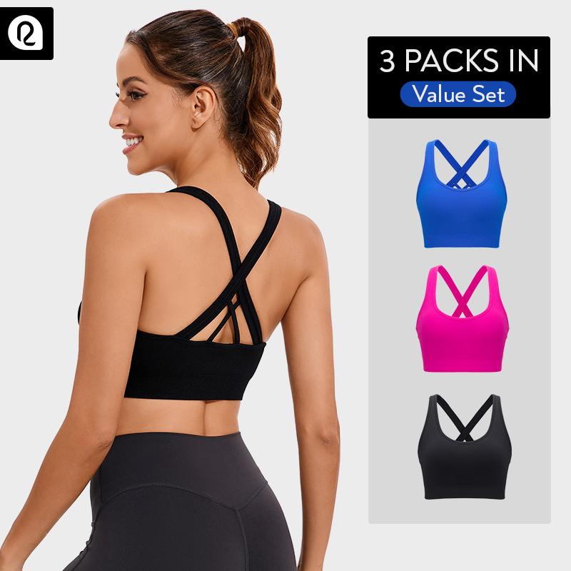 RUNNING GIRL Women's High Support Sports Bra 3-Pack – Seamless Ribbed Knit, Criss-Cross Back, Removable Cups, Ultra-Stretch, Moisture-Wicking, Naked Feeling Yoga Sports Bra