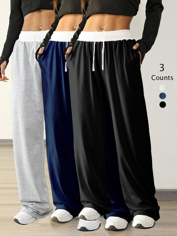 Women's Colorblock Drawstring Waist Sports Jogger Pants, Fall Clothes, Sporty Pocket Design Wide Leg Trousers Track Pants for Daily Wear, Ladies Sportswear for Fall, Fall Outfits 2024 pocket design fall outfits