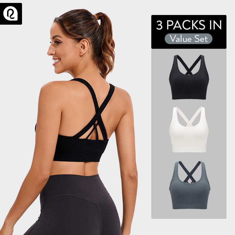 RUNNING GIRL Women's High Support Sports Bra 3-Pack – Seamless Ribbed Knit, Criss-Cross Back, Removable Cups, Ultra-Stretch, Moisture-Wicking, Naked Feeling Yoga Sports Bra