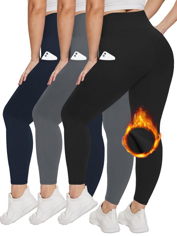 3 Pack  Fleece Lined  Women's Plus Size Leggings with Pockets - High Waist, Soft Stretchy, Full Length Sweatpants Yoga Pants