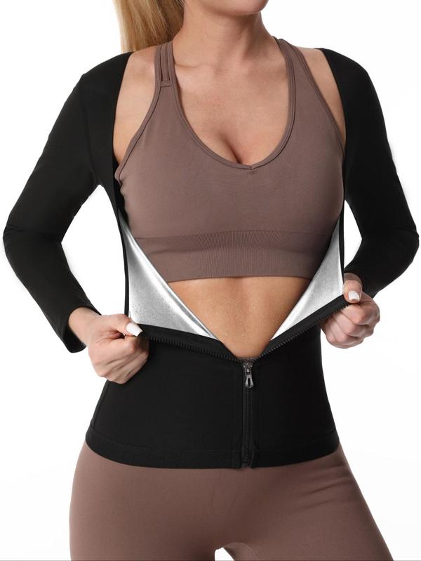 Women's Zip Up Sweat Sauna Top, Long Sleeve Zip Front Workout Top, Sportswear Clothing for Indoor Outdoor Wear