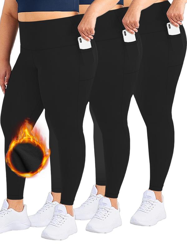 3 Pack  Fleece Lined  Women's Plus Size Leggings with Pockets - High Waist, Soft Stretchy, Full Length Sweatpants Yoga Pants