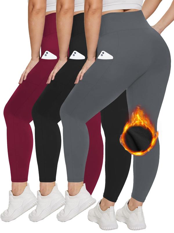 3 Pack  Fleece Lined  Women's Plus Size Leggings with Pockets - High Waist, Soft Stretchy, Full Length Sweatpants Yoga Pants