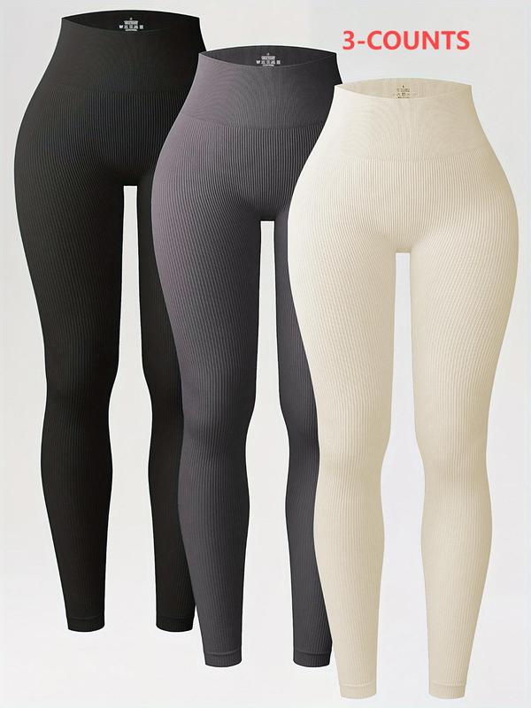 Women's Solid High Waist Sports Leggings, Sporty Comfy Breathable Ribbed Skinny Pants for Yoga Gym Workout, Ladies Sportswear for All Seasons