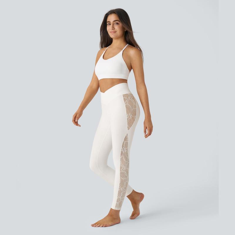 Halara Softlyzero™ High Waisted Crossover Contrast Lace Yoga 7 8 Leggings-UPF50+