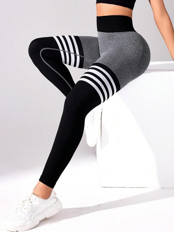 Sporty Women's Colorblock Striped Print High Waist Sports Leggings, Sport High Stretch Seamless Tummy Control Yoga Leggings, Ladies Sportswear for Indoor Outdoor Wear