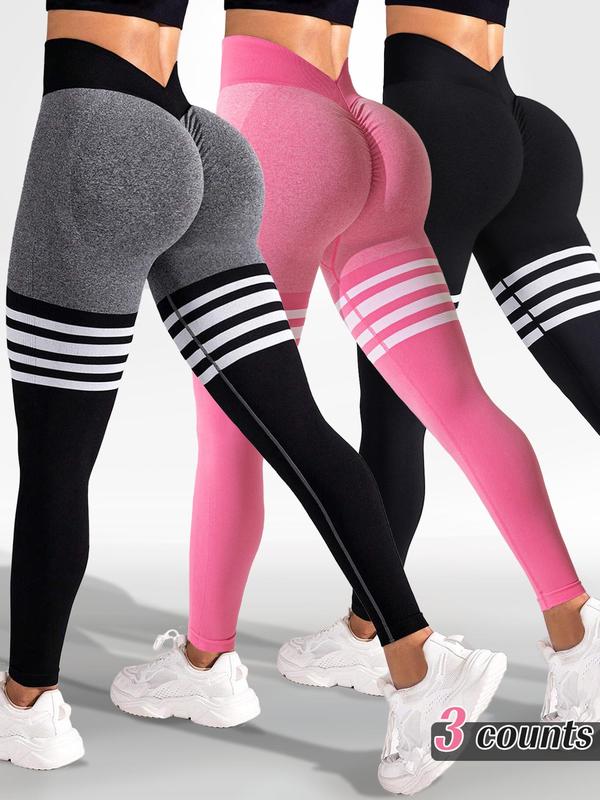 Sporty Women's Colorblock Striped Print High Waist Sports Leggings, Sport High Stretch Seamless Tummy Control Yoga Leggings, Ladies Sportswear for Indoor Outdoor Wear