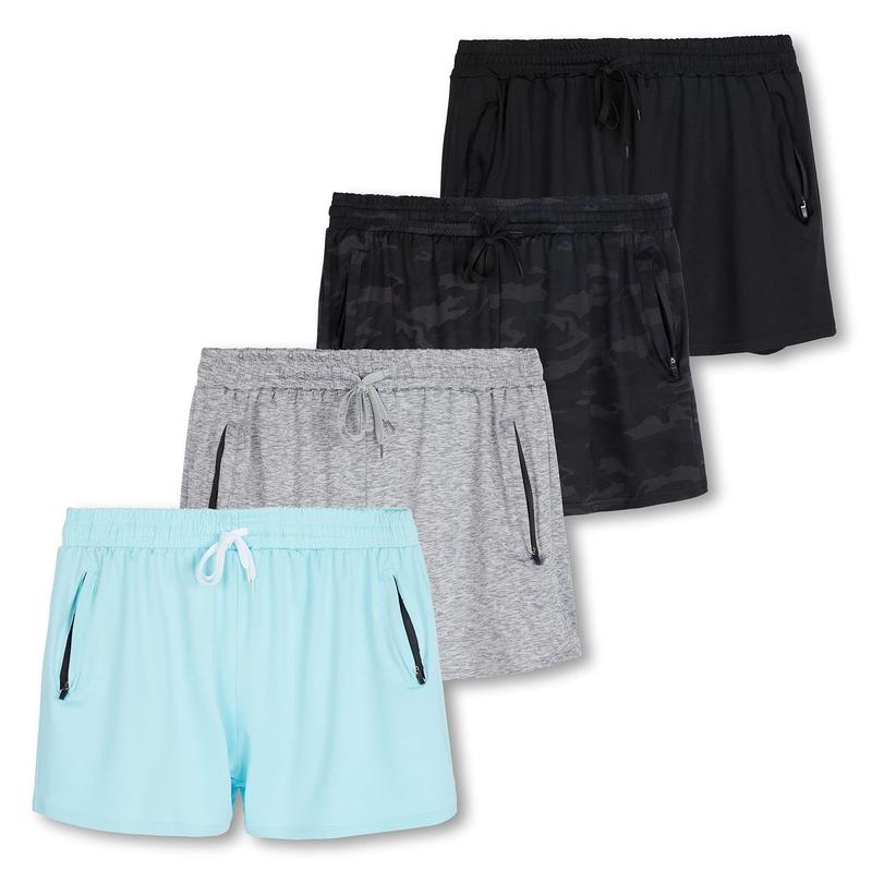 Real Essentials 4 Pack: Womens Active Athletic Performance Dry-Fit Shorts with Zipper Pockets (Available in Plus Size)