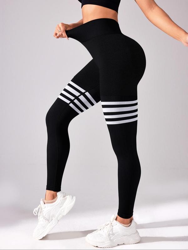 Sporty Women's Colorblock Striped Print High Waist Sports Leggings, Sport High Stretch Seamless Tummy Control Yoga Leggings, Ladies Sportswear for Indoor Outdoor Wear