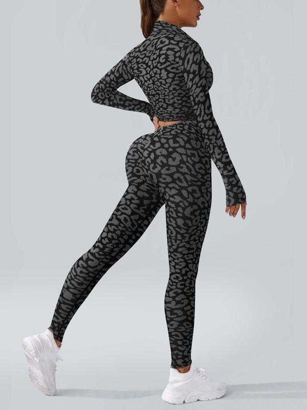 Two-Piece Set Women's Leopard Print Zip Up Crop Jacket & High Waist Leggings Tracksuit Set, Sporty Long Sleeve Top & Skinny Pants for Gym Workout Running, Ladies Fall & Winter Sportswear