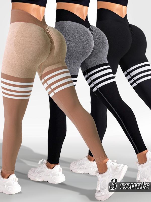 Sporty Women's Colorblock Striped Print High Waist Sports Leggings, Sport High Stretch Seamless Tummy Control Yoga Leggings, Ladies Sportswear for Indoor Outdoor Wear