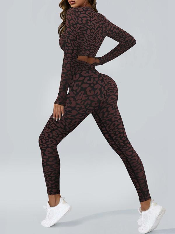 Two-Piece Set Women's Leopard Print Zip Up Crop Jacket & High Waist Leggings Tracksuit Set, Sporty Long Sleeve Top & Skinny Pants for Gym Workout Running, Ladies Fall & Winter Sportswear