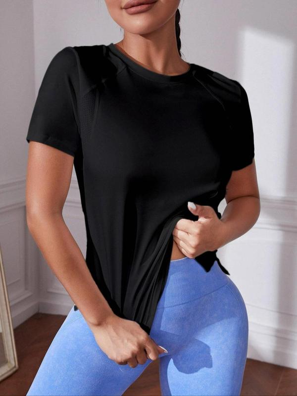 Women's Plain Split Hem Round Neck Sport Tee, Quick Drying Breathable Short Sleeve T-shirt for Yoga Gym Workout, Ladies Sportswear Clothing for Summer