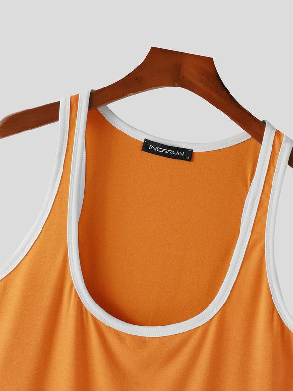 Men's Contrast Binding U Neck Tank Top, Loose Casual Sleeveless Top for Summer, Men's Clothes for Gym Workout Running