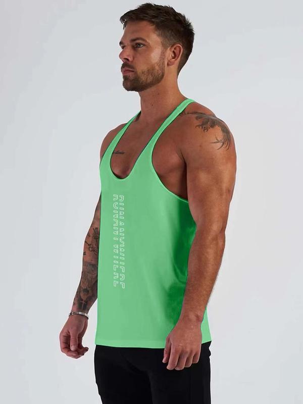 Men's Letter Print Scoop Neck Sports Vest, Sporty Sleeveless Tank Top for Gym Workout Running, Menswear for All Seasons