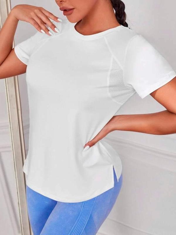 Women's Plain Split Hem Round Neck Sport Tee, Quick Drying Breathable Short Sleeve T-shirt for Yoga Gym Workout, Ladies Sportswear Clothing for Summer