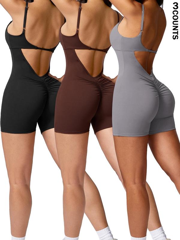 Women's Cut Out Backless Sports Tummy Control Romper, Sporty Ruched Sleeveless Bodycon Romper, Ladies Sportswear for Workout Yoga Fitness, Fall Outfits, Fallfreshness