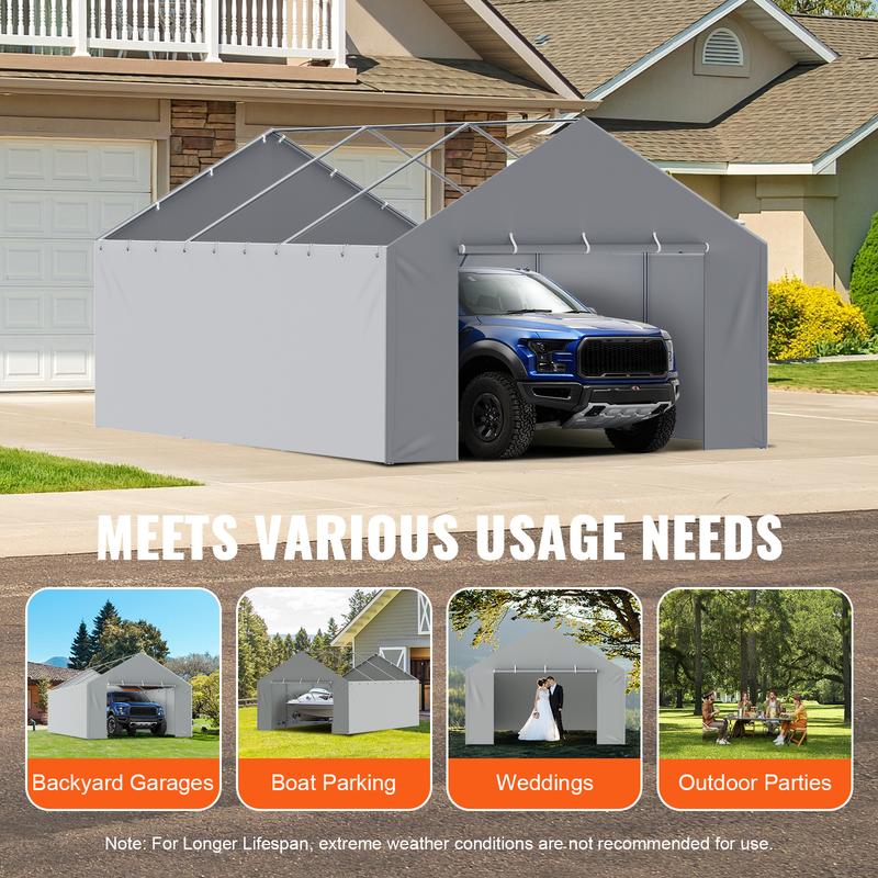 VEVOR Carport Replacement Canopy Cover Side Wall 13 x 20 ft, Garage Tent Shelter Tarp Heavy-Duty Waterproof & UV Protected, Easy Installation with Ball Bungees,Grey (Top and Frame Not Included)