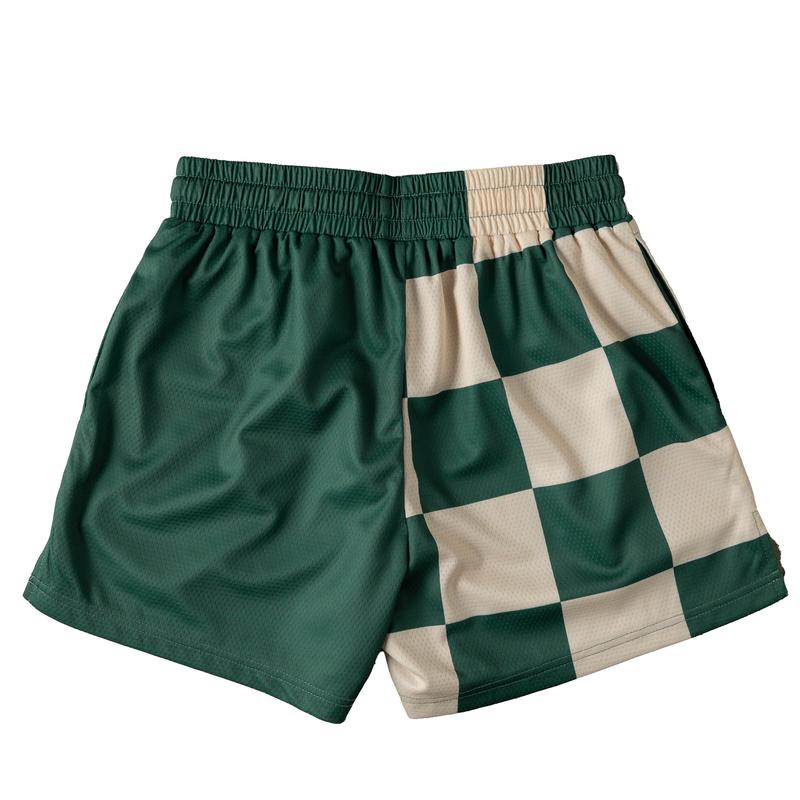 [Kill Crew] Muay Thai Shorts Checker - Green   Cream, Unisex, Mid Thigh Cut, Pockets, Gym Shorts, Elastic Waistband, Long drawcord with wax tips