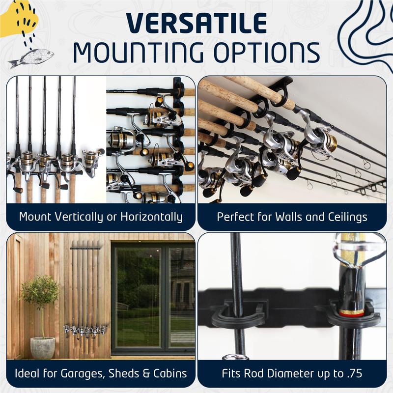 Ceiling Fishing Rod Holder for 6 Rods, Fishing Pole Holder for Garage Organization and Wall Storage, for Fishing Reels, Fishing Gear, and Fishing Accessories (2 Horizontal Rack)