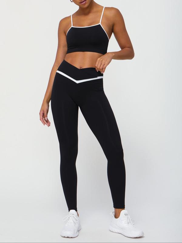 Two-Piece Set Women's Contrast Binding Crop Tank Top & High Waist Leggings Tracksuit Set, Sporty Casual Breathable Outfits for Yoga Gym Workout Running, Ladies Sportswear for All Seasons