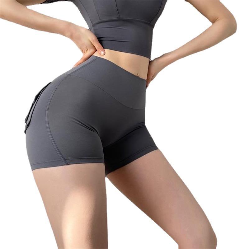 Women's High Waist Yoga Shotrts with Pockets Tummy Control Seamless Ruched Butt Leggings Running Butt Lift Tights yoga short