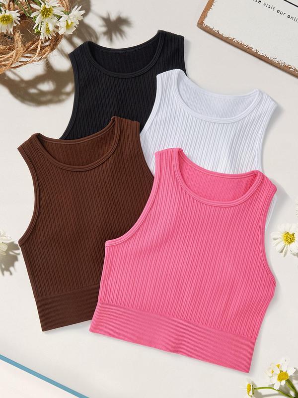 Sporty Women's Solid Color Round Neck Cropped Sports Vest, Casual Sport Crop Tank Top for Yoga Gym Workout Running, Ladies Sportswear for All Seasons