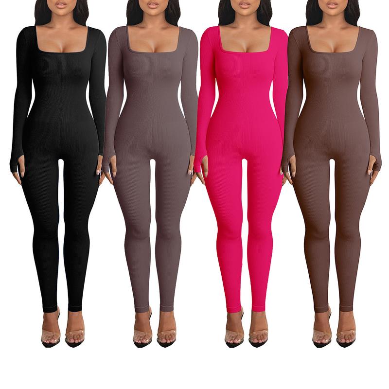 OEAK Women Long Sleeve Square Neck Yoga Jumpsuits Workout Playsuit Ribbed Bodycon Slim Fit Sport Romper