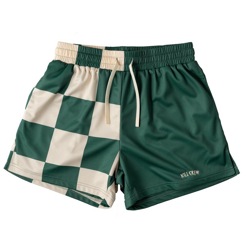 [Kill Crew] Muay Thai Shorts Checker - Green   Cream, Unisex, Mid Thigh Cut, Pockets, Gym Shorts, Elastic Waistband, Long drawcord with wax tips