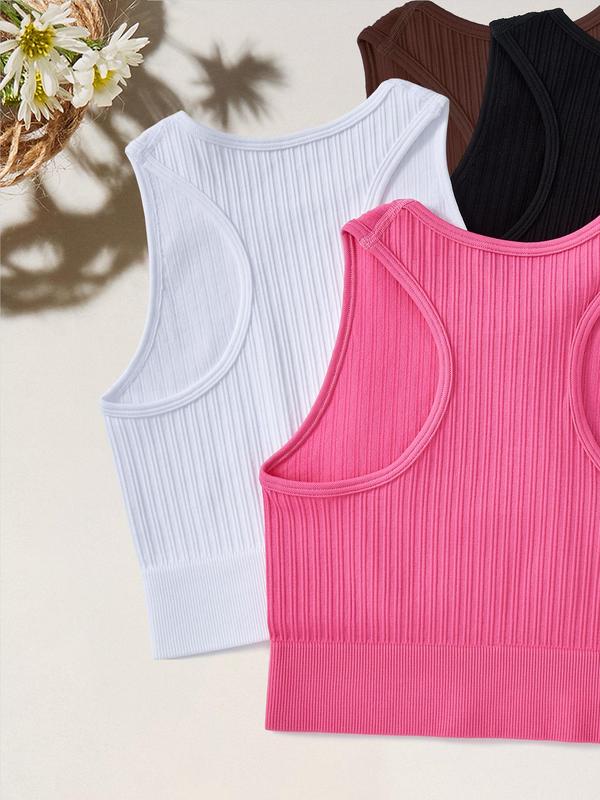 Sporty Women's Solid Color Round Neck Cropped Sports Vest, Casual Sport Crop Tank Top for Yoga Gym Workout Running, Ladies Sportswear for All Seasons