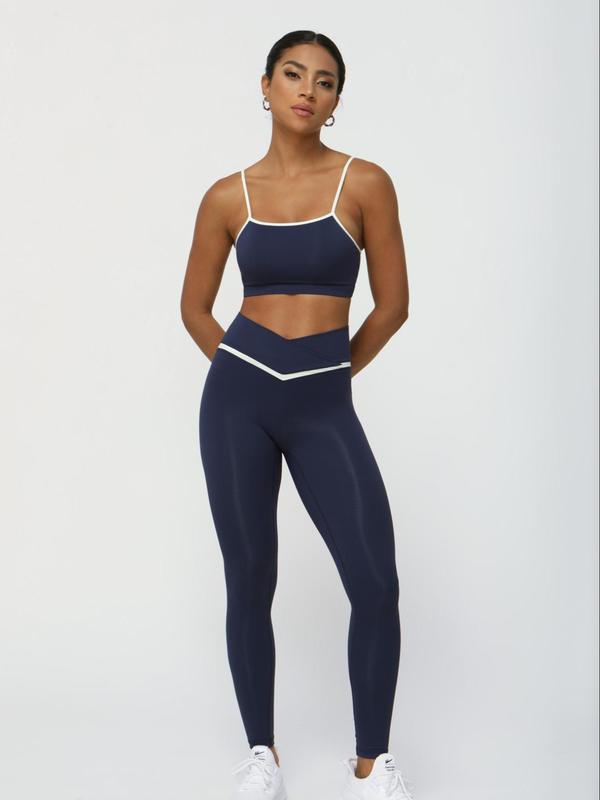 Two-Piece Set Women's Contrast Binding Crop Tank Top & High Waist Leggings Tracksuit Set, Sporty Casual Breathable Outfits for Yoga Gym Workout Running, Ladies Sportswear for All Seasons